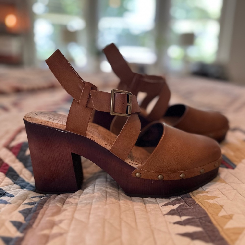 Anthropologie Brown Mules with Studded Details and Wooden Heel